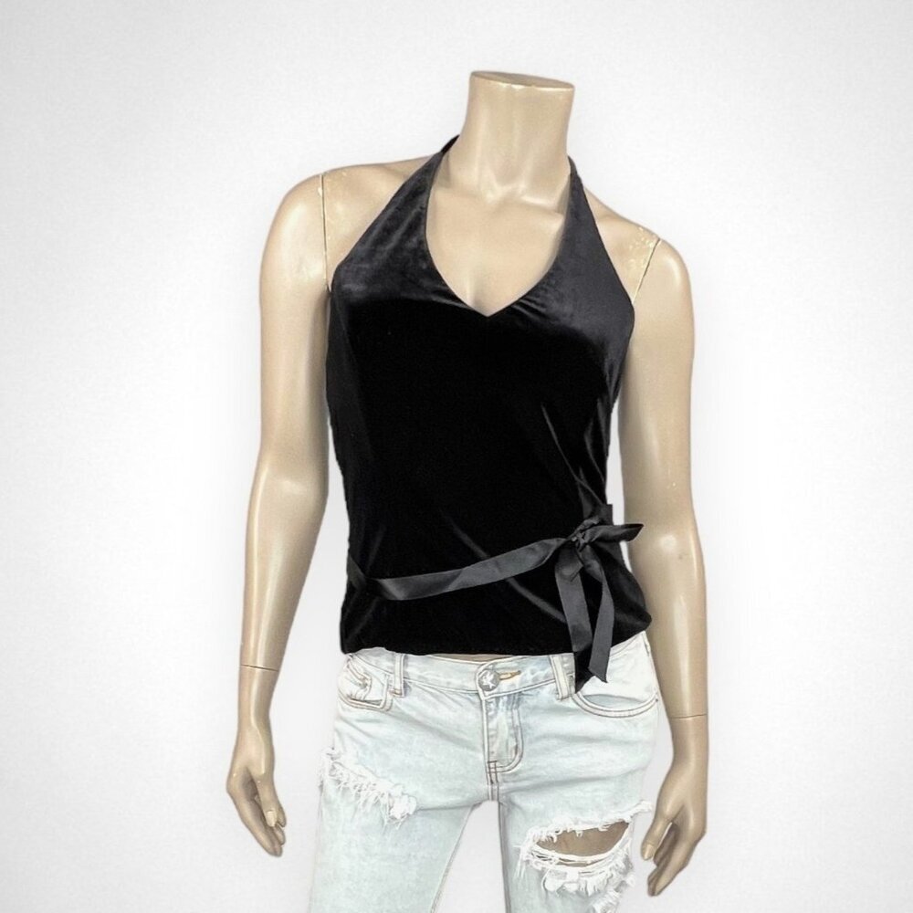 Vintage 90s‎ XSCAPE Black Velvet Halter Halter Top with Ribbon Tie 8